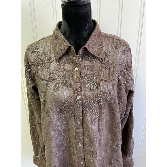 Vintage Wrangler Women Pearl Snap Button Up Shirt Brown Stitched Floral Size XXL - Picture 4 of 15